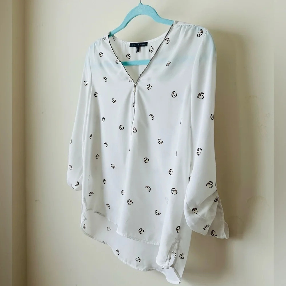 Sweet Rain Women’s Blouse with Zippered Neckline and Panda Design -  Size M